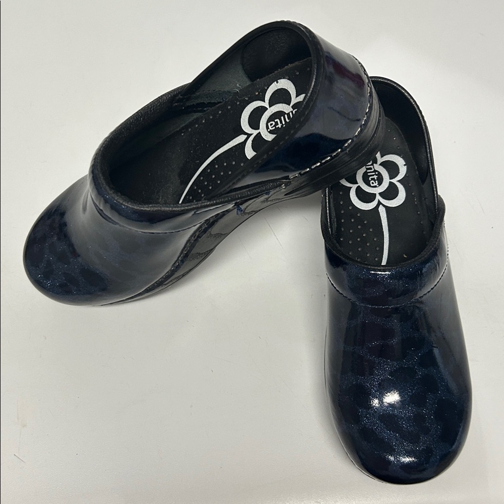 SANITA Navy/Black Shimmer Cheetah Print Danish Clogs - Picture 2 of 5